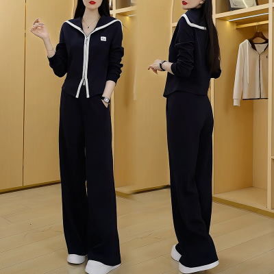 休闲套装女春季2026新款时尚洋气减龄海军领针织外套阔腿裤两件套
