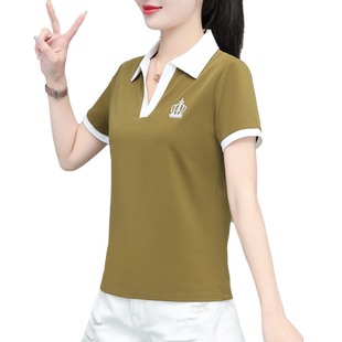正肩短袖t恤女夏季女装2024新款中年妈妈夏装冰丝速干翻领上衣丅