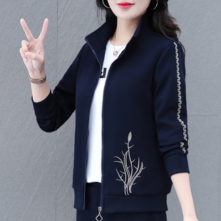 拉链外套女款春秋2025新款中年妈妈宽松立领薄款长袖卫衣开衫上衣