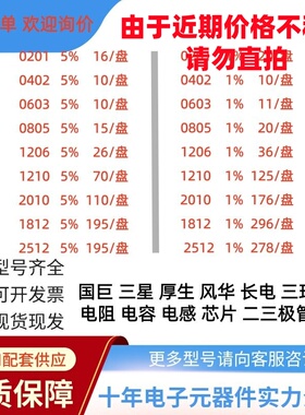 0402/0603/0805/1206/贴片电阻电容1%风华三星国巨5%整盘厚生电感