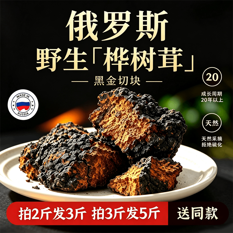 桦树茸野生正品一斤白桦茸俄罗斯进口旗舰店黑金桦褐孔菌非长白山