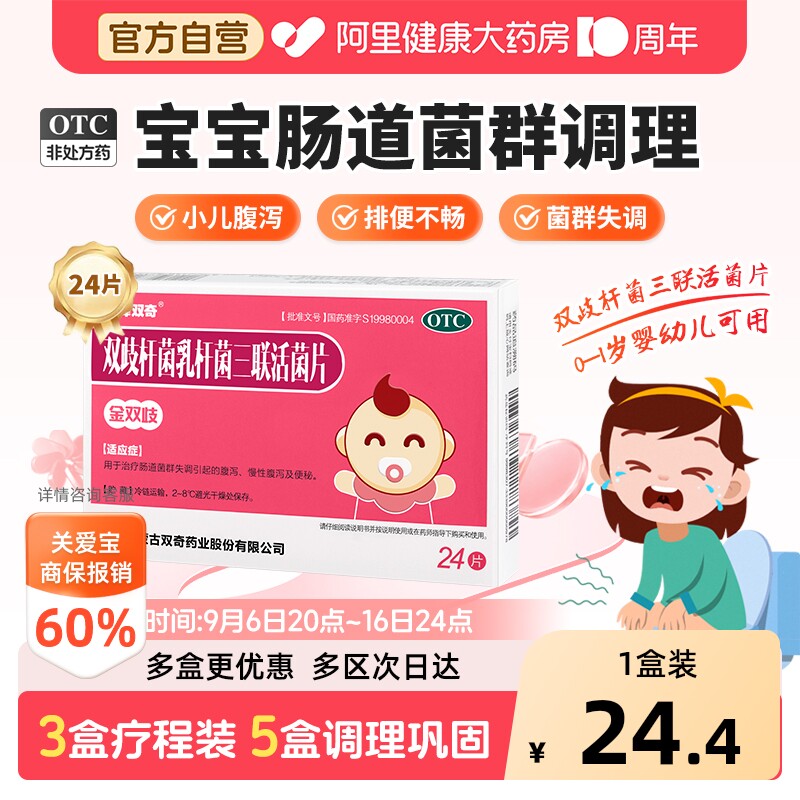 【自营】[万泽双奇]双歧杆菌乳杆菌三联活菌片0.5g*24片/盒图片