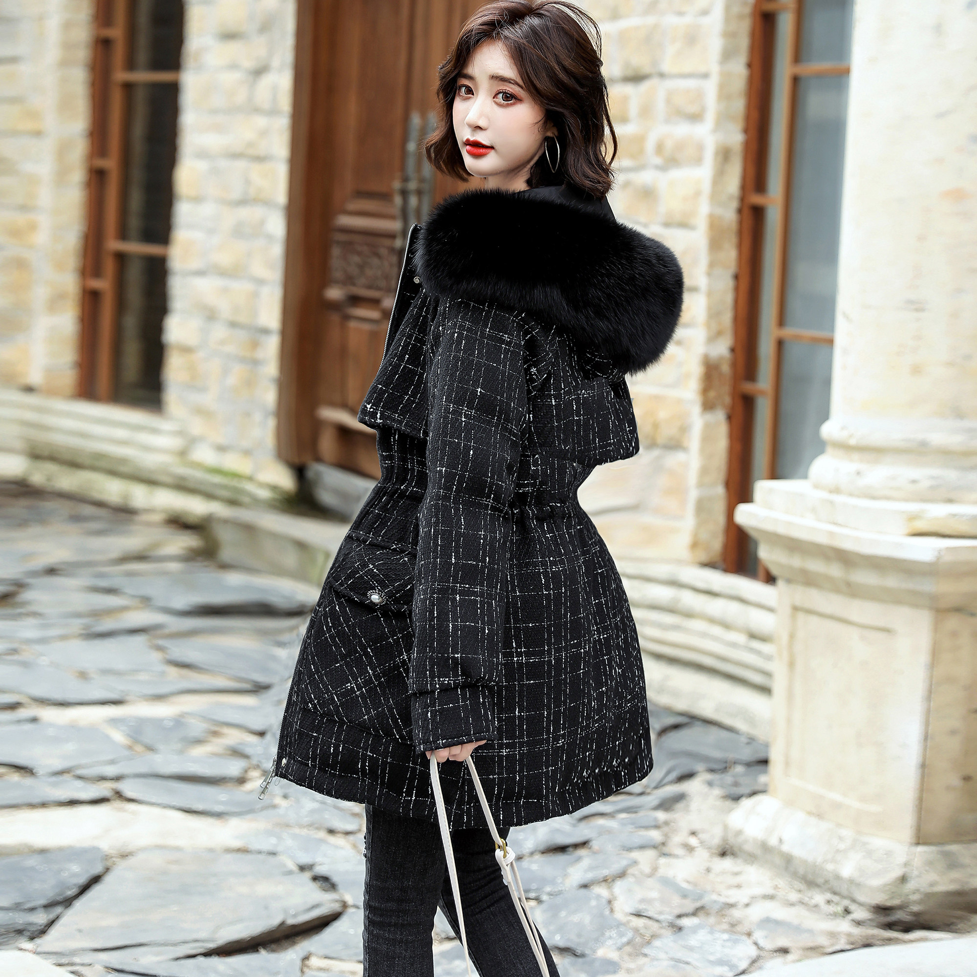 2020年新款派克羽绒服女中长款真毛领90白鸭绒韩版收腰大码冬外套