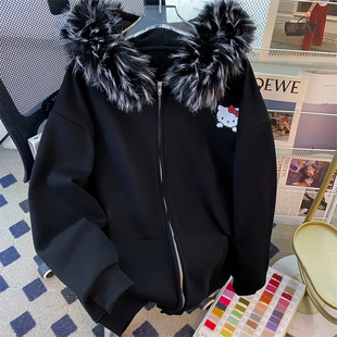 凯蒂猫印花毛领连帽卫衣女2025新款小个子宽松加绒加厚拉链外套潮