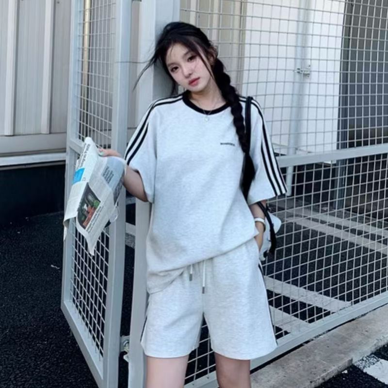 纯棉休闲运动服套装女夏2025新款韩版学生宽松短袖短裤跑步两件套