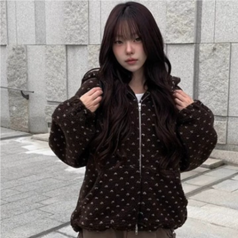 毛绒爱心提花保暖连帽卫衣女外套