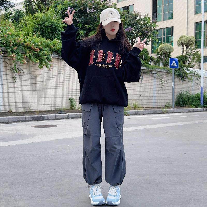 潮牌字母豹纹刺绣连帽卫衣女秋冬2025新款设计感MEDM宽松纯棉帽衫