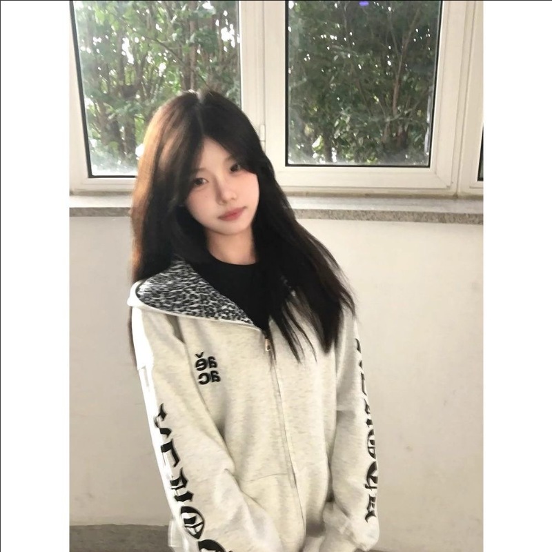 豹纹字母刺绣潮牌加绒连帽卫衣女