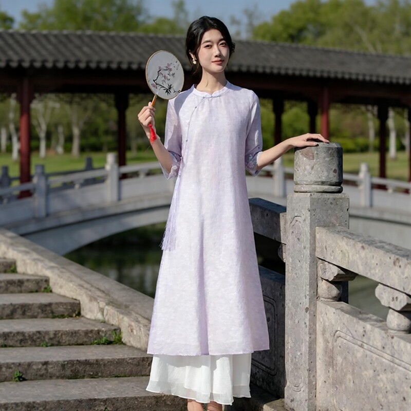 夏季中式禅意女装款茶服女汉服中国风宽松旗袍日常古风天丝连衣裙