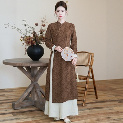 秋季新款茶服女棉麻旗袍新中式国风立领茶艺师工作服套装日常可穿