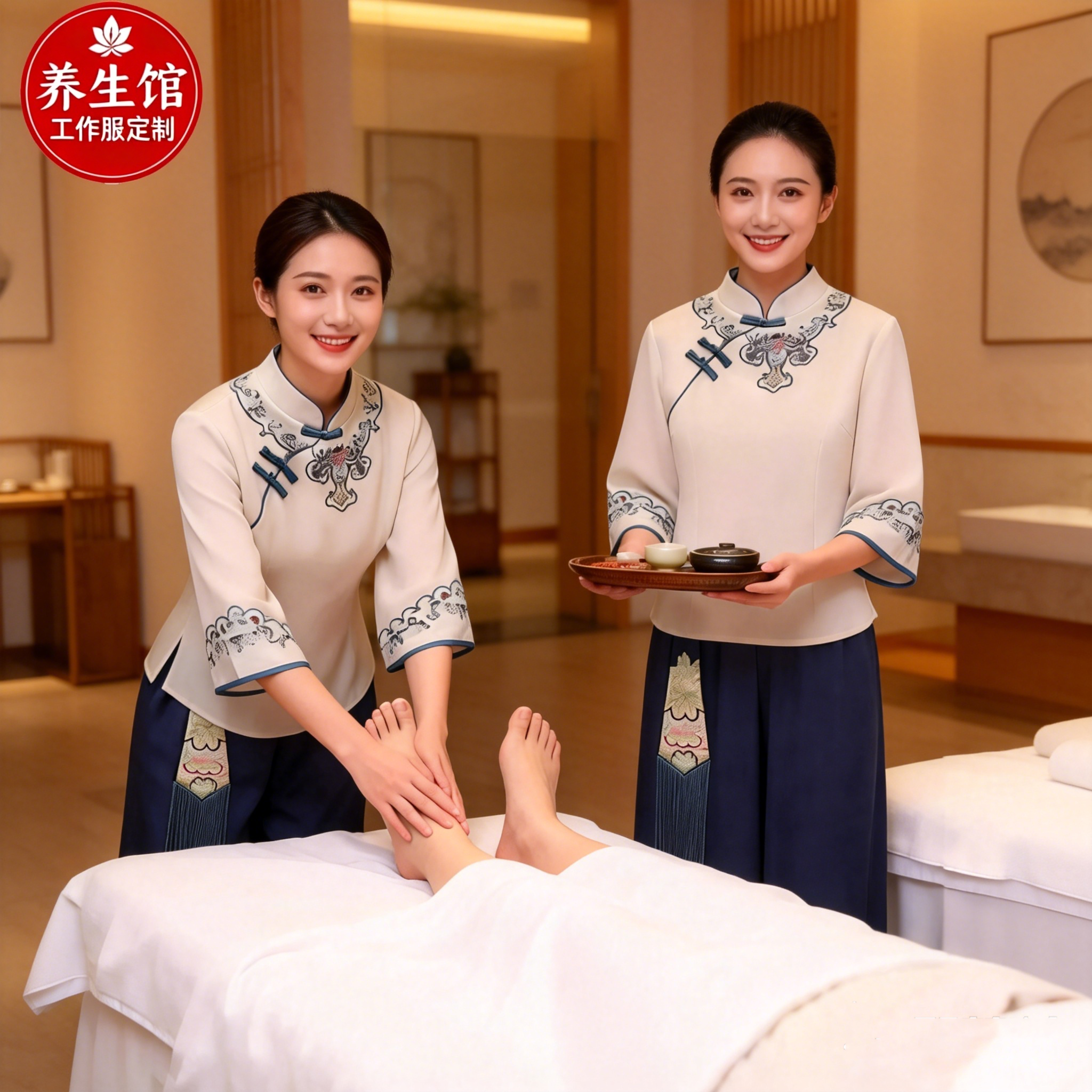 夏季新中式茶楼旗袍式上衣工作服美容足疗足浴技师唐装女装中国风