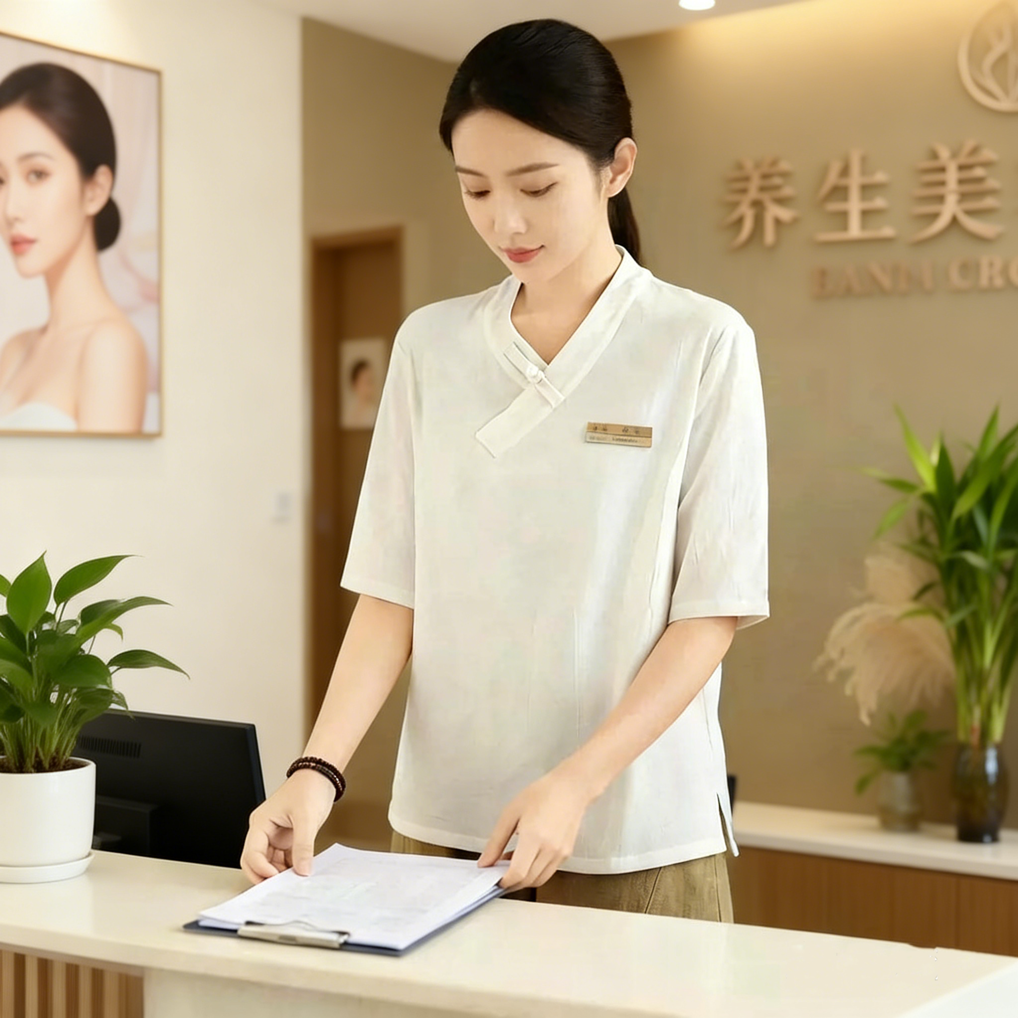 中式工作服棉麻中医养生馆按摩推拿艾炙理疗康养头疗技师服可定制