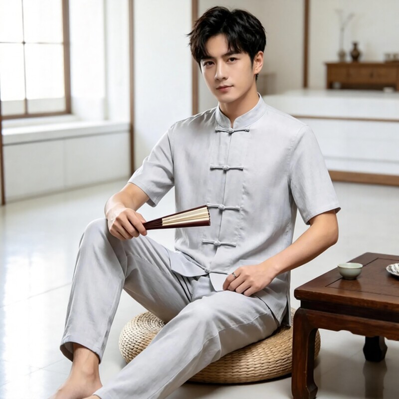夏季新中式天丝亚麻禅茶服短袖套装唐装佛系禅意修行居士禅服定制