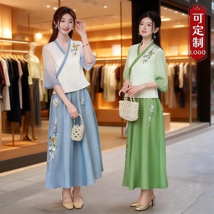 中国风茶楼茶艺师采耳师服装 斜襟改良汉服套装 茶服夏季 定制新中式