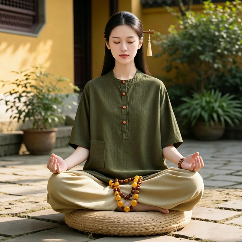 夏季中式国风棉麻禅意佛系女装居士服女款盘口短袖上衣修行禅服女