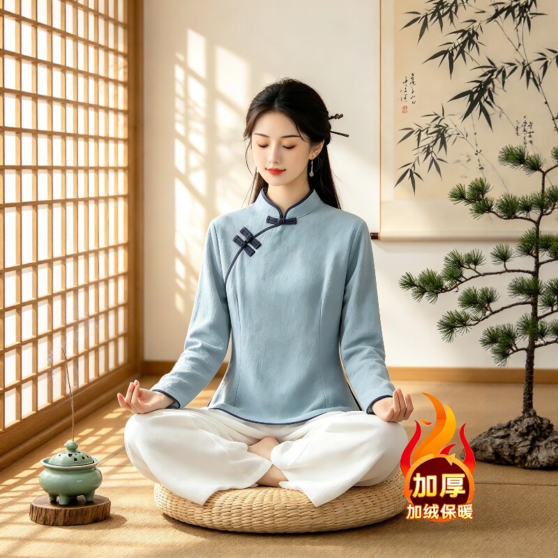 秋冬加绒禅修居士服中式国风工作服棉麻茶服禅服套装禅意佛系女装