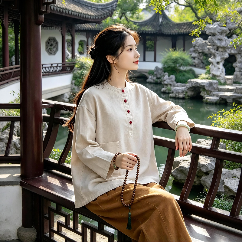 新中式寺院居士服女款棉麻上衣禅意佛系素衣国风复古打坐冥想禅服