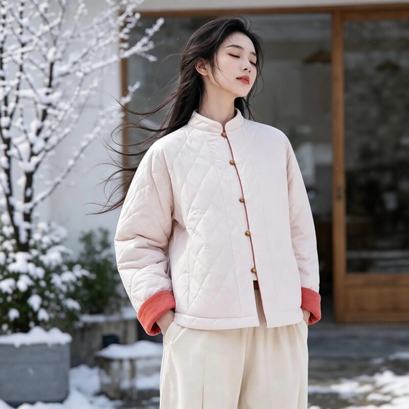 冬季新中式双面穿棉服女菱格纹立领盘扣棉袄金扣短款夹棉禅意外套