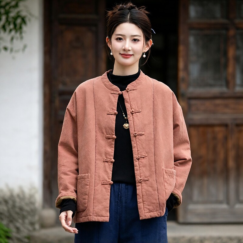 冬季新款棉麻夹棉上衣女苎麻文艺茶服复古盘扣棉服新中式国风棉袄