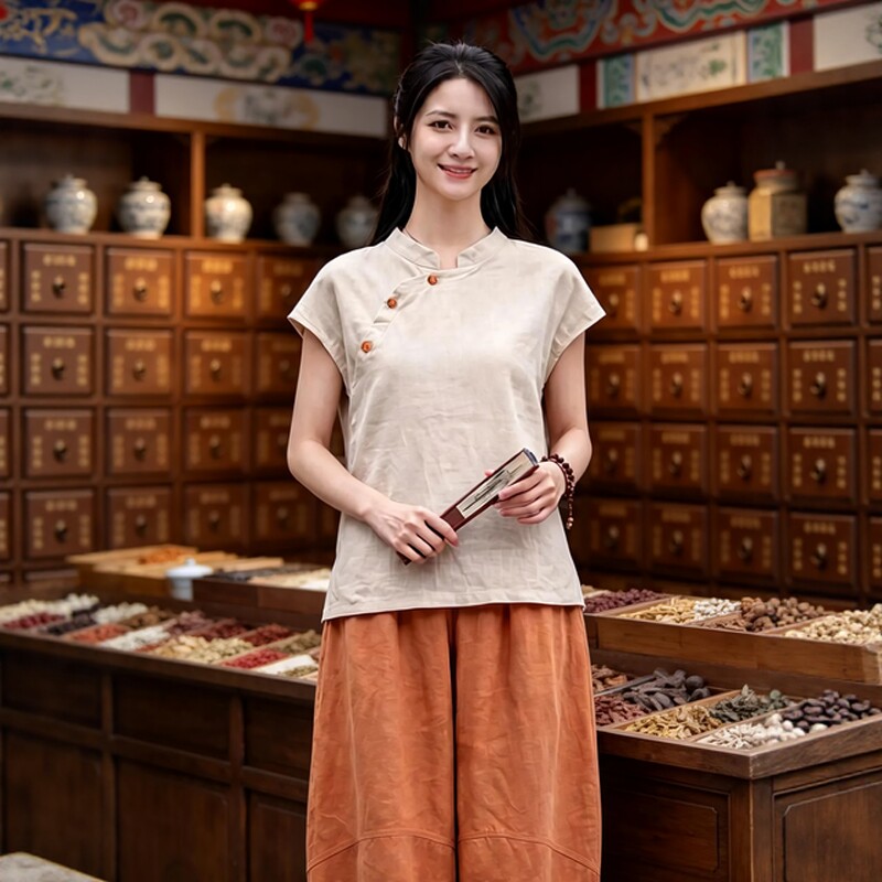 新中式国风工作服中医养生馆天丝麻盘扣小衫艾灸馆理疗推拿服定制