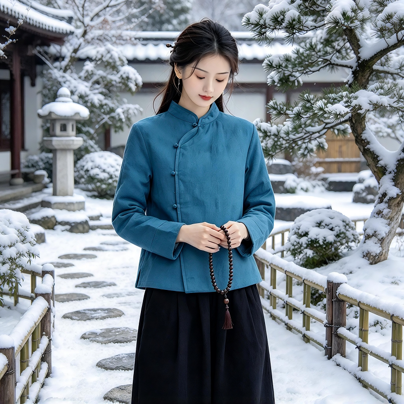 秋冬新中式国风套装禅修居士服女款夹棉加厚棉袄外套禅意茶服上衣