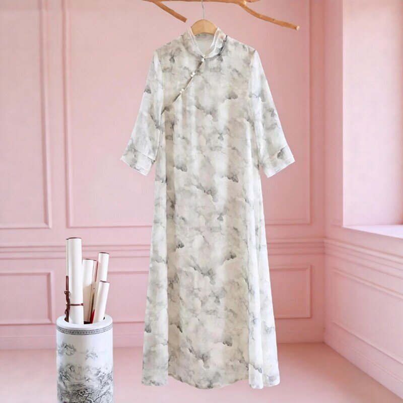 中式国风禅意佛系女装茶服女夏季文艺复古旗袍水墨雪纺印花连衣裙