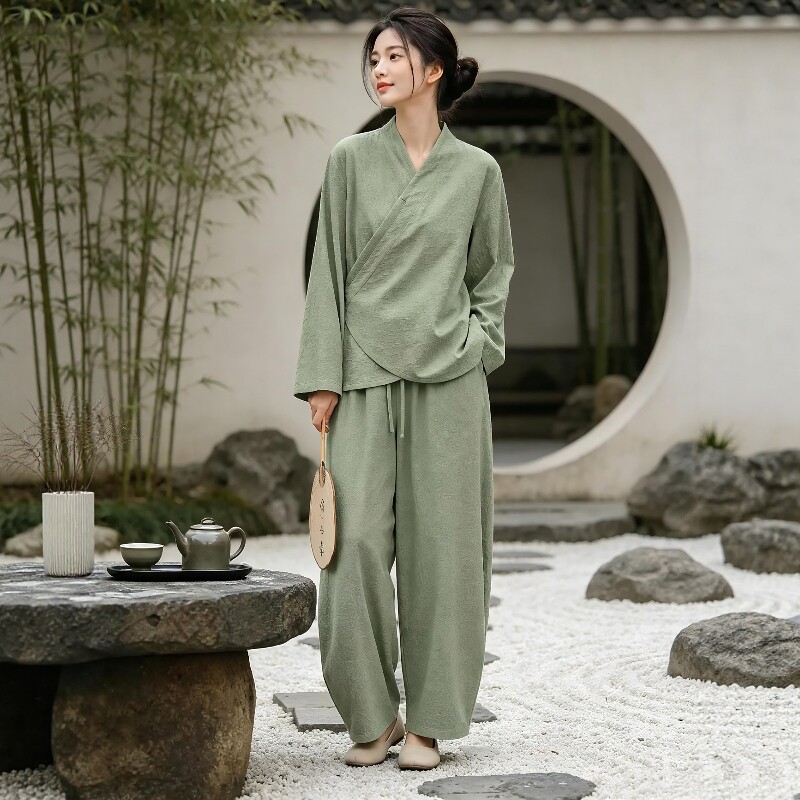 秋季女款新中式禅意棉麻斜襟系带套装提花茶服高级感禅修服居士服