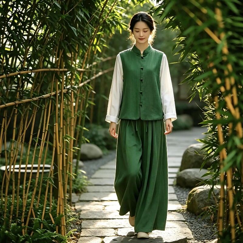 春秋新中式禅意佛系女装双面穿莲花扣马甲阔腿套装修行居士禅修服