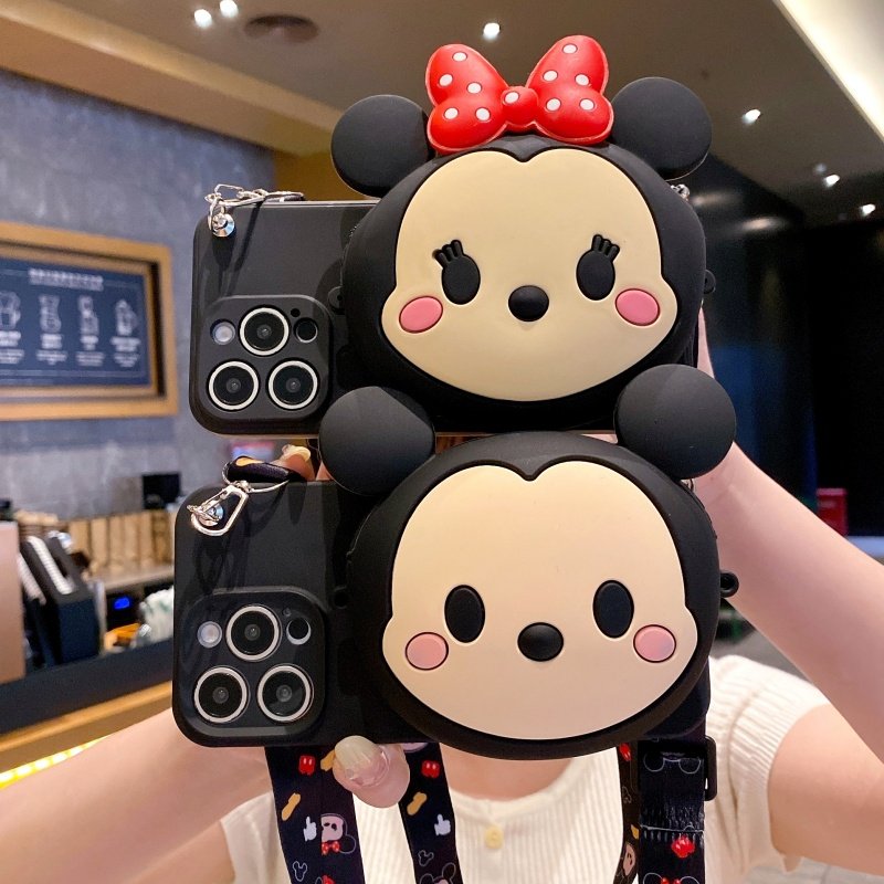 米奇米妮斜跨苹果16promax手机壳适用iPhone17 pro带挂绳14可斜跨背带零钱包壳子13装卡12卡通可爱17女款包包
