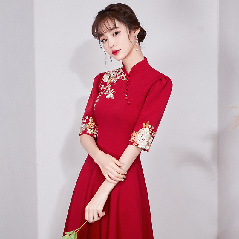 新娘敬酒服2020新款酒红色结婚秀禾服旗袍中国风礼服裙女平时可穿