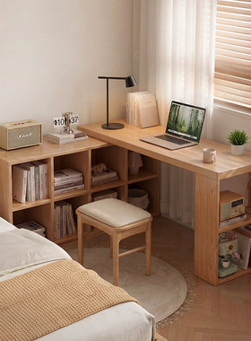 实木转角书桌带书柜一体桌子工作台卧室家用L型电脑桌梳妆台SD10