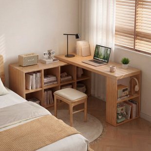 实木转角书桌带书柜一体桌子工作台卧室家用L型电脑桌梳妆台SD10
