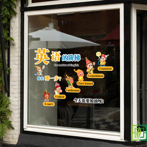学校英语培训班玻璃门布置广告贴
