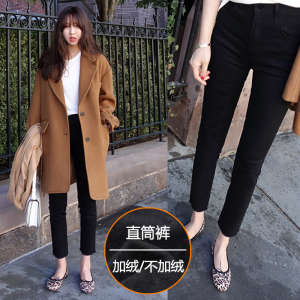 黑色加绒直筒牛仔裤女高腰新款韩版修身显瘦小个子毛边弹力烟管裤