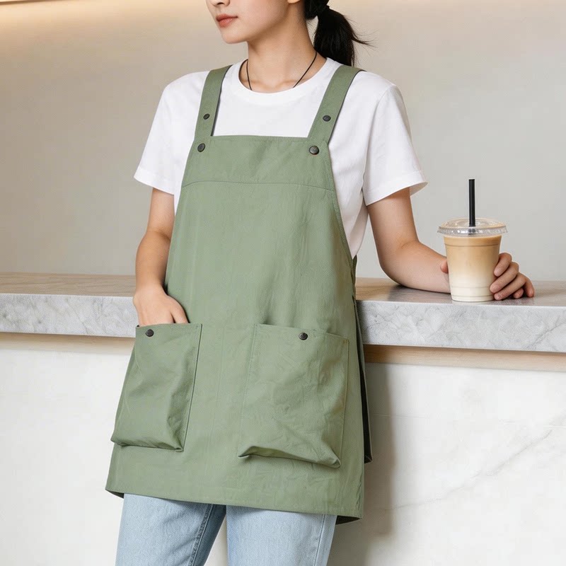 奶茶店咖啡西餐厅背带围裙女厨房家用防水多口袋可调节工作服围裙