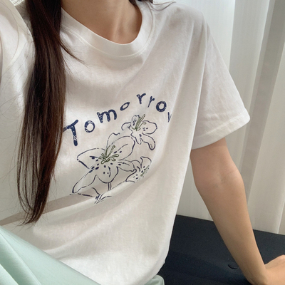 芭妮Bonnet-夏上新韩系雪花棉兰花字母圆领短袖T恤N132-26077