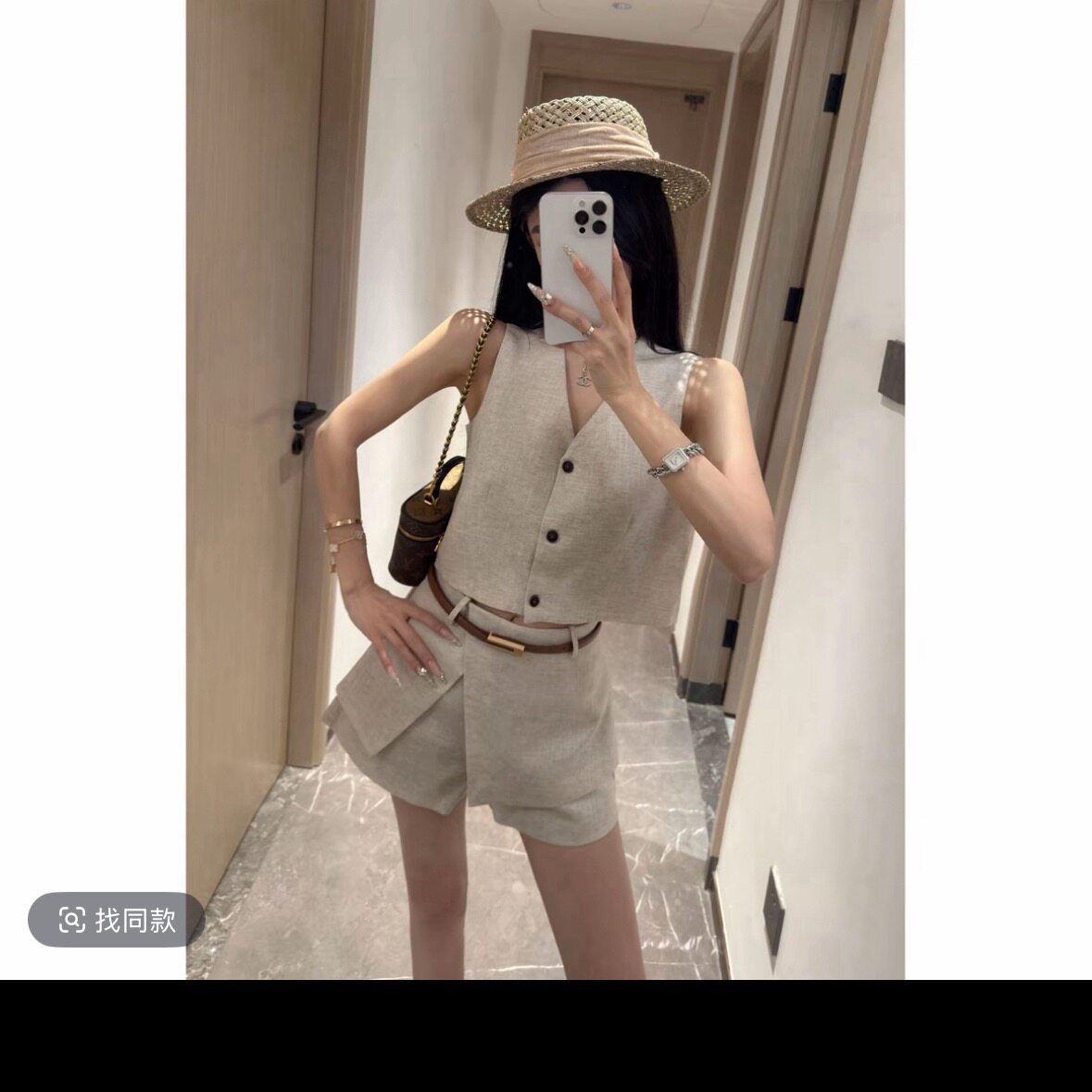 法式时尚复古缕空设计无袖背心马甲女夏新款高腰显瘦半身裙裤套装