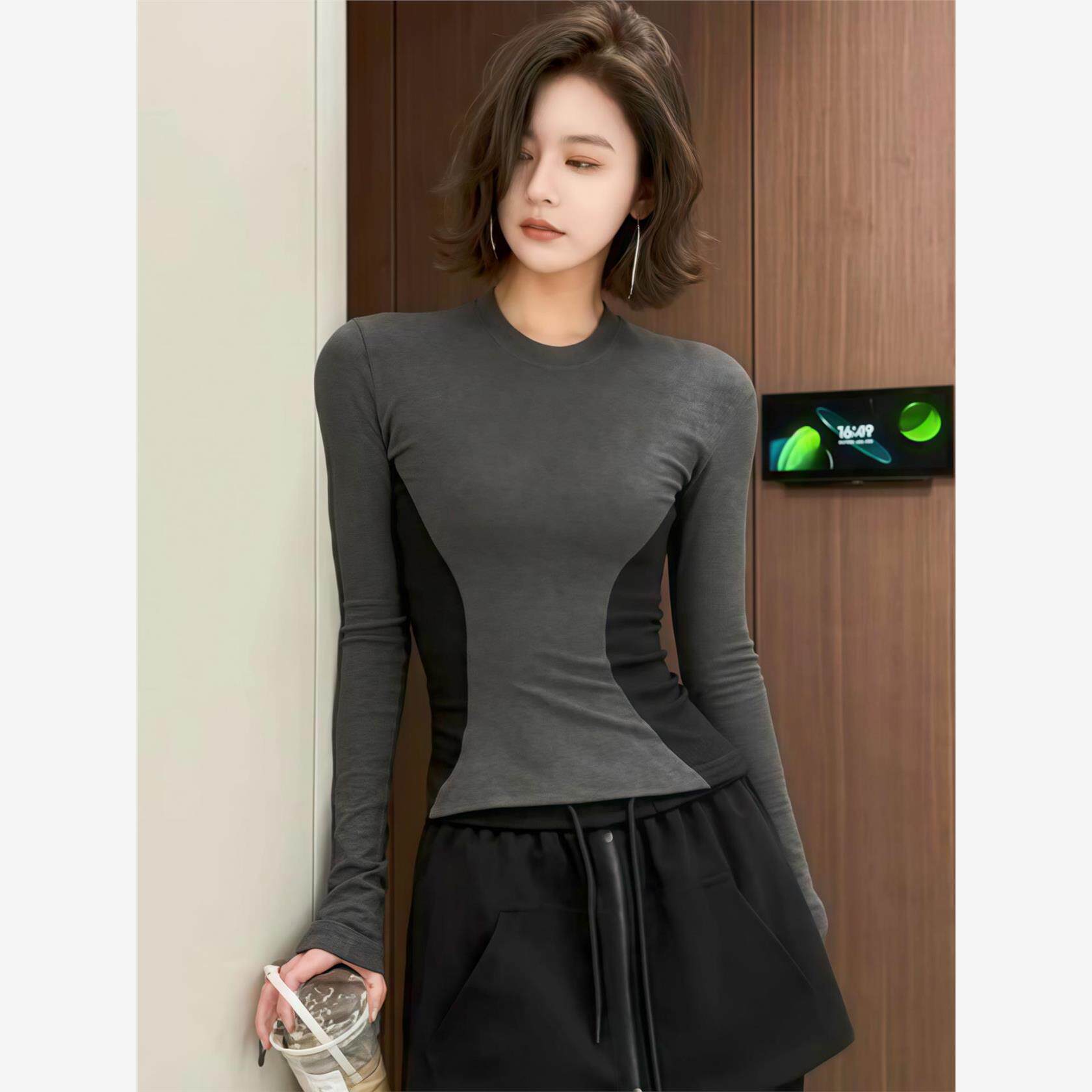 灰色掐腰长袖T恤女秋季2025新款爆款内搭打底衫巨好看的早秋上衣