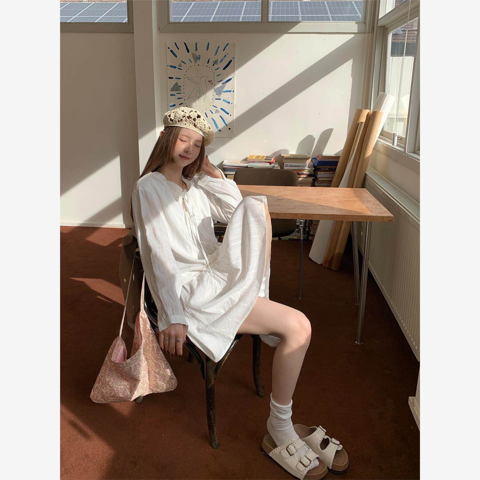 尺尺间Lsland覆古花边系带提花长袖连衣裙女秋季新款小众宽松裙子