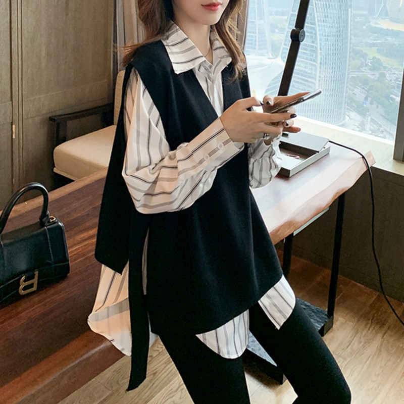 大尺码女装遮肚子长袖条纹衬衫女春秋胖妹妹遮肉显瘦毛呢马甲两件