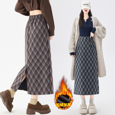 加绒加厚毛呢格子半身裙女秋冬季新款高腰显瘦磨毛中长款包臀裙子