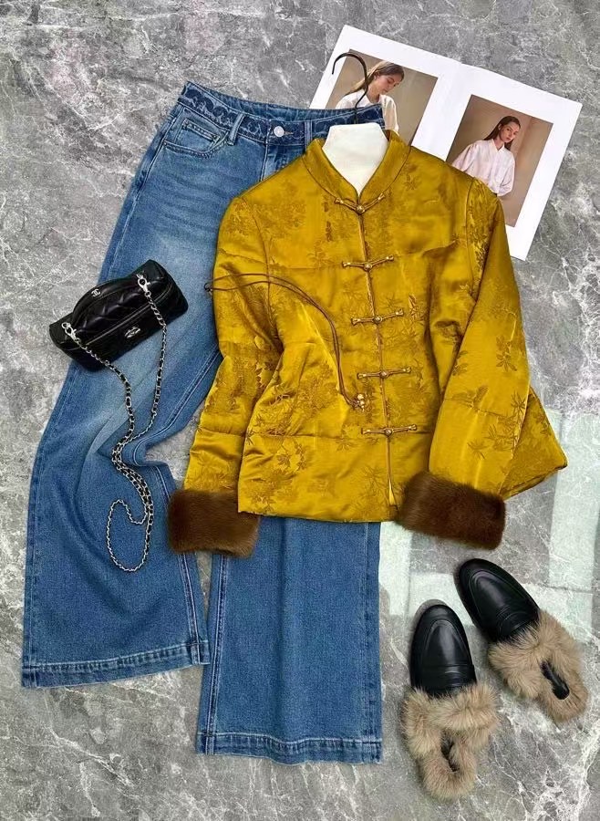 2025秋冬新款时尚气质优雅百搭显瘦立领新中式水貂毛加厚棉服棉衣