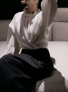2024秋冬新立领长袖衬衫女款高级感微透气质上衣减龄花边羊毛衬衣