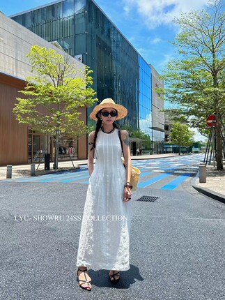欧衣秀亚麻修身显瘦无袖100亚麻中长款连衣裙