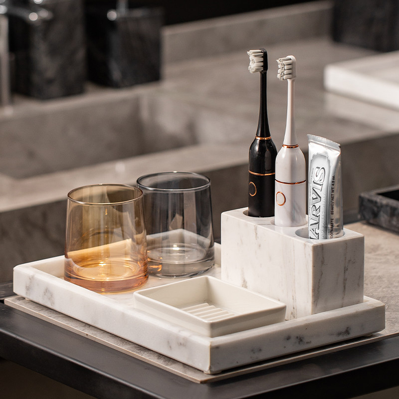 大理石电动牙刷置物架浴室轻奢漱口杯套装洗手间洗漱台面牙具收纳