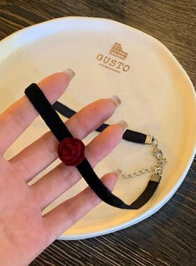 酒红玫瑰choker颈链项圈女小众设计感丝绒项链2024新款