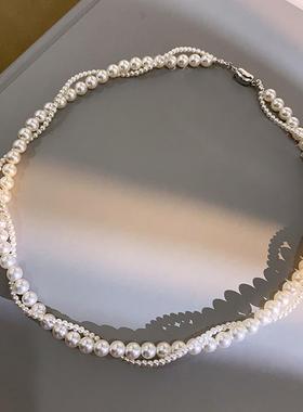 施家珍珠项链双层叠戴锁骨颈链