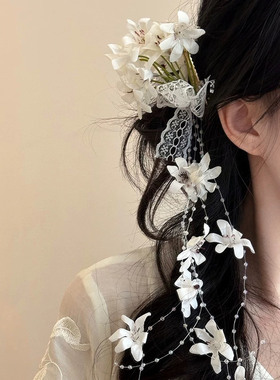 仙气铃兰花流苏珠子蝴蝶结发夹女侧边刘海夹碎发一字夹发卡发饰夏