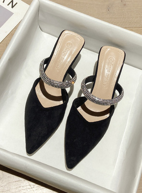 AOMR高跟凉鞋女2024新款夏季水钻细跟尖头单鞋法式性感包头半拖