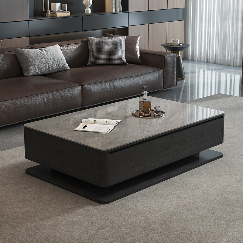 意式现代实木长方形岩板茶几